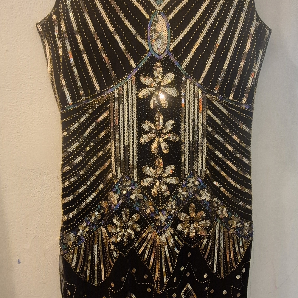 Elegant Black and Gold Embellished Midi Dress